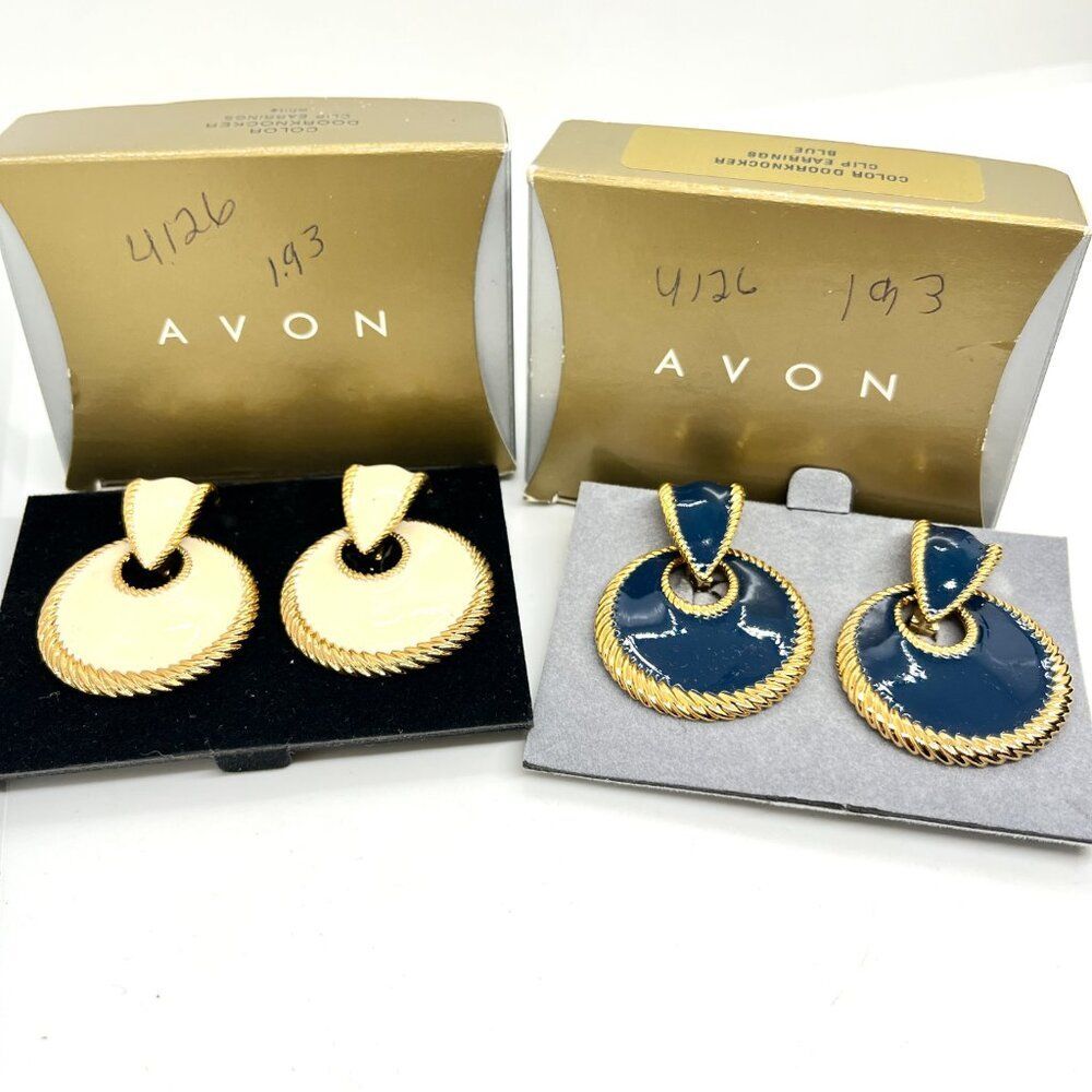 VINTAGE AVON Earrings Door Knocker Enamel Lot Interchangeable Blue Cream Clip On